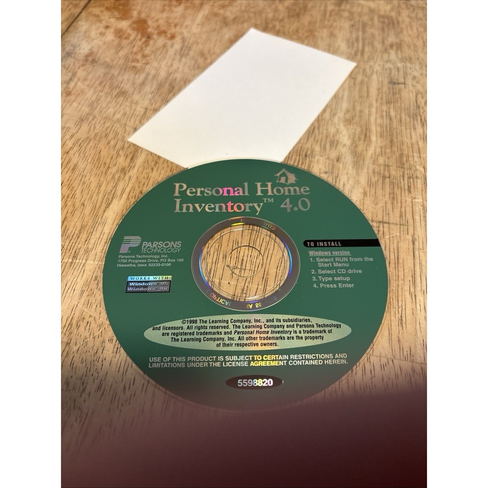 Parsons Technology Personal Home Inventory 4.0 Windows 95 98 Software Disc